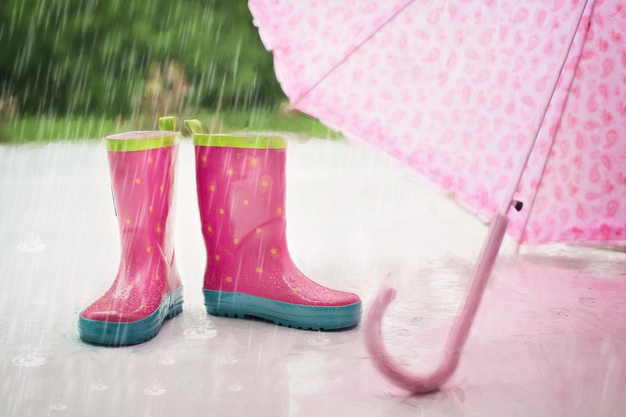 Pink shoes and umbrella for rainy days